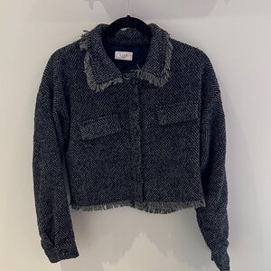 Sage Herringbone Cropped Jacket With Fringe in Dark Gray And Navy